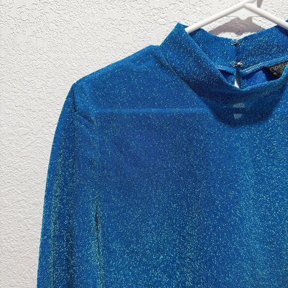 NWT TOPSHOP BLUE METALLIC GLITTER FUNNEL NECK TOP Women’s US 12 LONG SLEEVE - Picture 3 of 10
